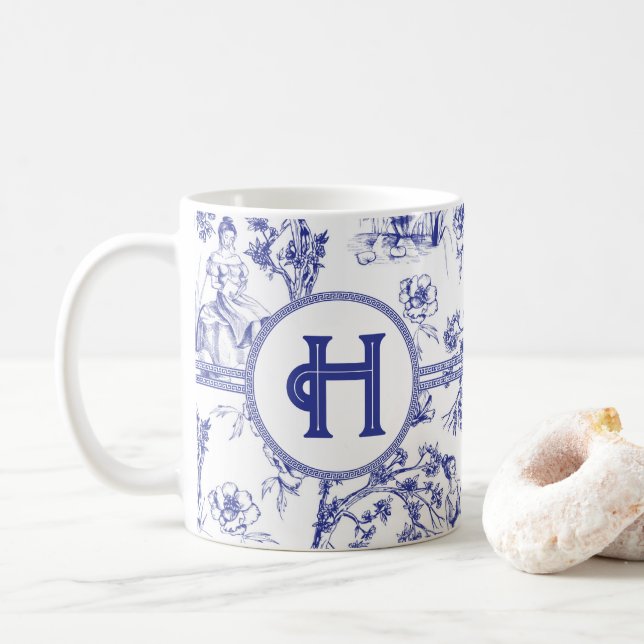 Blue and White Toile  Coffee Mug (With Donut)
