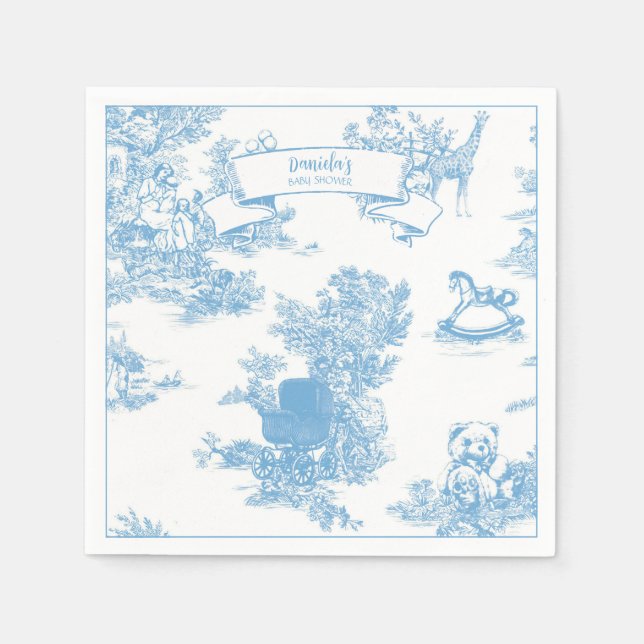Blue and White Toile de Jouy Baby Shower Napkins (Front)