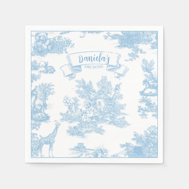 Blue and White Toile de Jouy Baby Shower Napkins (Front)