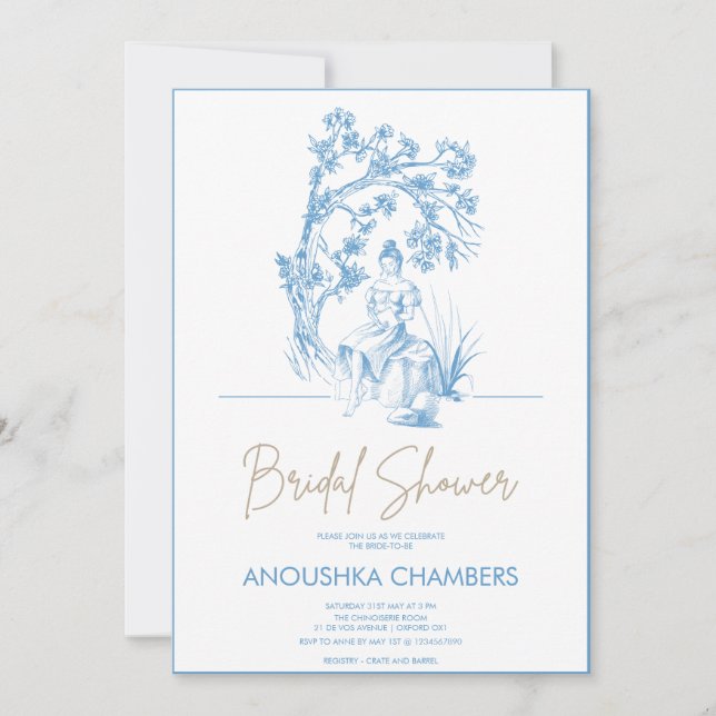 Blue and White Toile de Jouy Bridal Shower Invitation (Front)