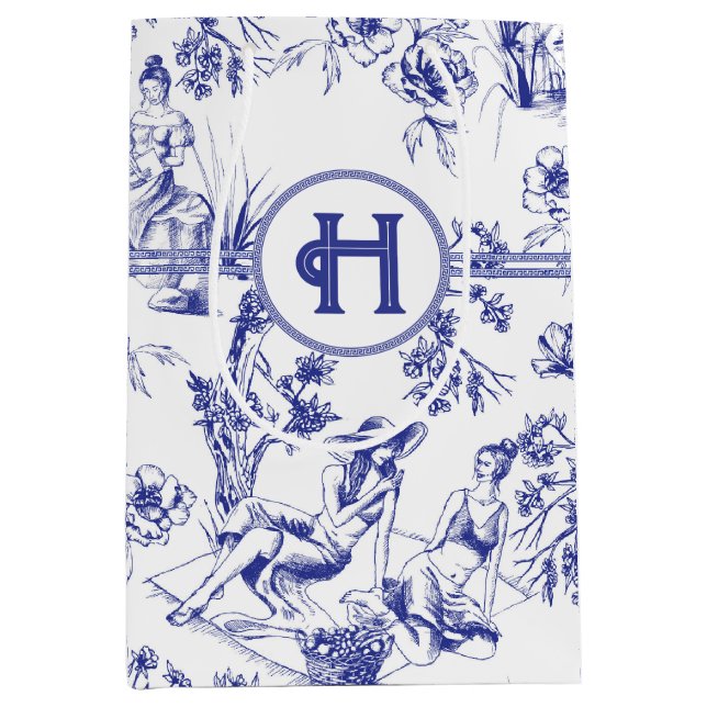 Blue and White Toile de Jouy Bridal Shower Medium Gift Bag (Front)