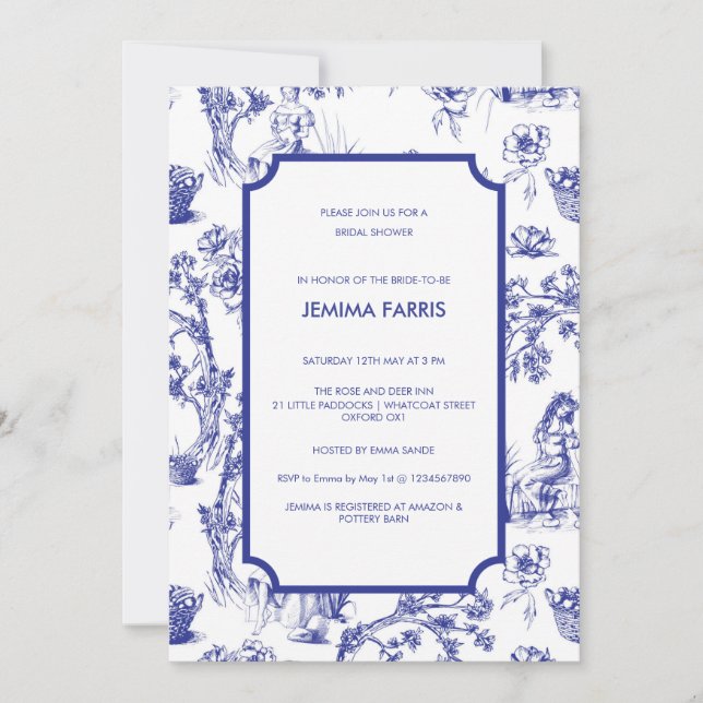 Blue and White Toile de Jouy Invitation (Front)