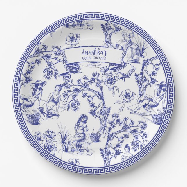 Blue and White Toile Paper Plates (Front)