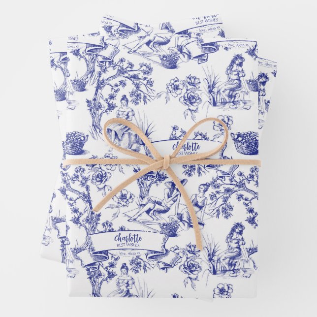 Blue and White Toile Wrapping Paper Sheets (In situ)