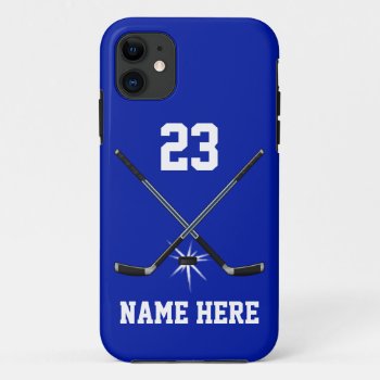 Blue And White Tough Ice Hockey Player Phone Cases by LittleLindaPinda at Zazzle