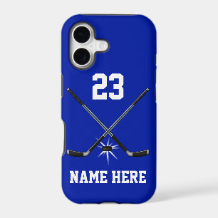 Blue and White Tough Ice Hockey Player Phone Cases