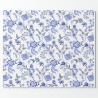 Blue and White Traditional Chintz Pattern Wrapping Paper, Zazzle