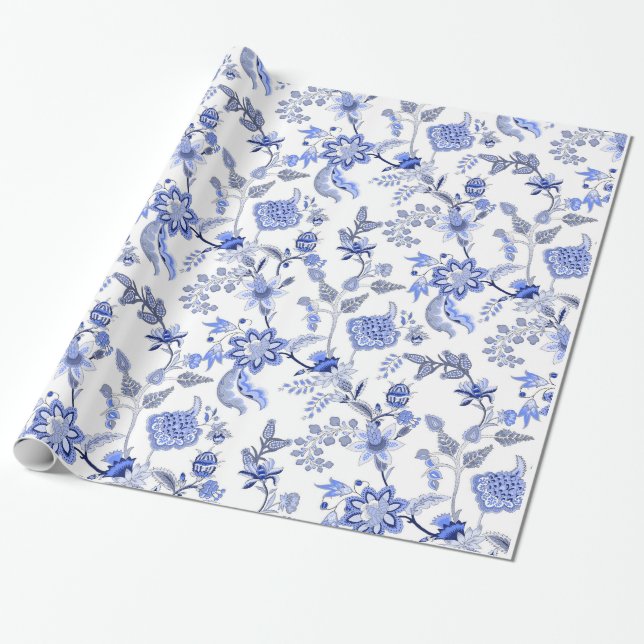 Blue and White Traditional Chintz Pattern Wrapping Paper (Unrolled)