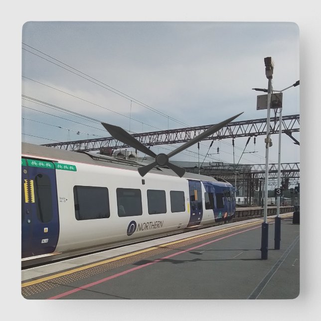 Blue and white train square wall clock (Front)