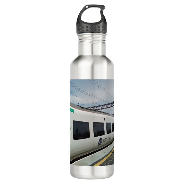 Blue and white train stainless steel water bottle (Front)