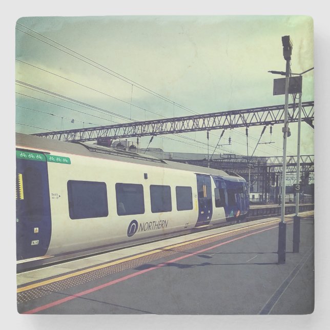 Blue and white train stone coaster (Front)