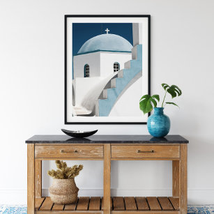 Blue and White Travel Santorini Oia Church Poster