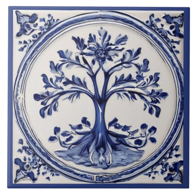 Blue and White Tree Rustic Nature Country Ceramic Tile (Front)