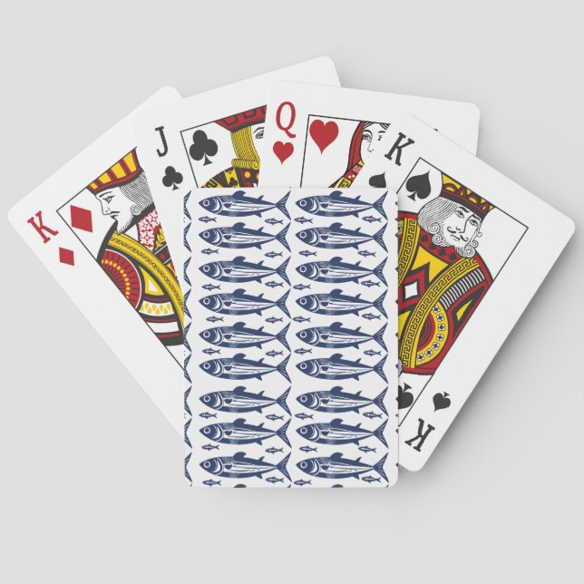 Blue and White Trendy Sardine Fish Poker Cards (Back)