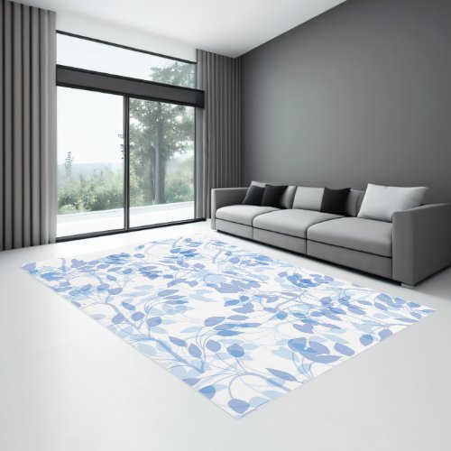 Blue and white tropical leaf coastal rug