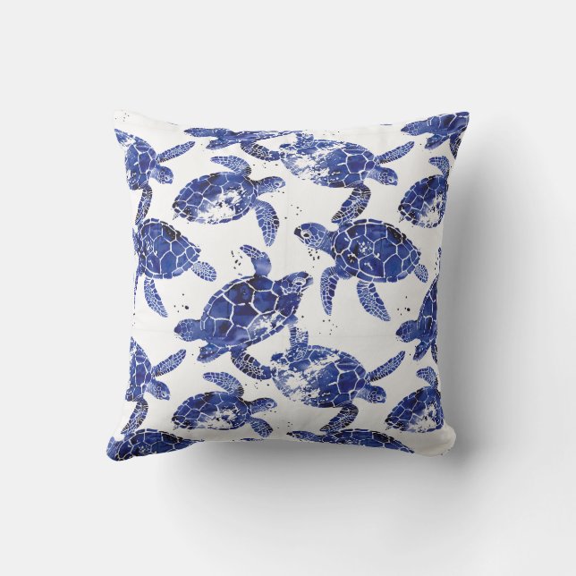 Blue and White Turtle Pattern Throw Pillow (Back)