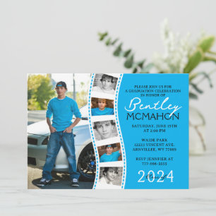 Blue and White Unique Filmstrip 6 Photo Graduation Invitation