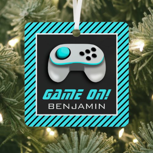 Blue and White Video Game Controller Kids Room Metal Ornament