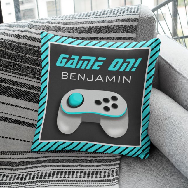 Blue and White Video Game Controller Kids Room Throw Pillow (Creator Uploaded)