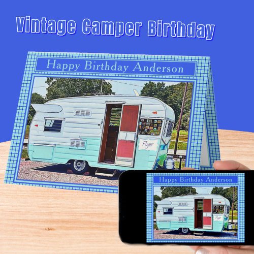Blue and White Vintage Camper Happy Birthday Card