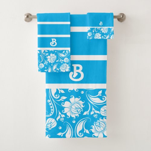 Blue and white vintage damasks monogram bath towel set