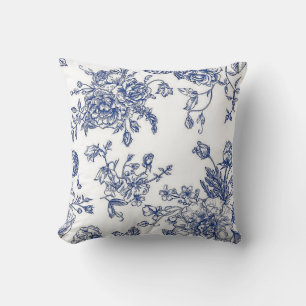 Blue and white vintage floral accent pillow