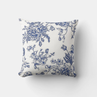 Blue and white vintage floral accent pillow