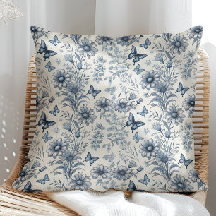 Blue and White Vintage Floral and Butterfly Throw Pillow