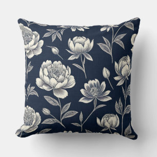 blue and white vintage floral Block print Throw Pillow
