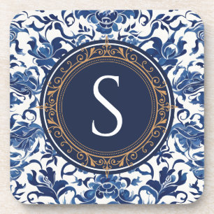 Blue and White Vintage Floral Chinoiserie Monogram Beverage Coaster