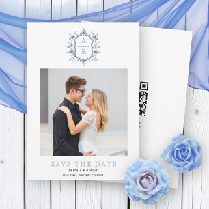 Blue and white vintage floral crest monogram photo save the date