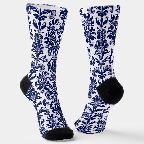Blue and white vintage floral damasks pattern socks