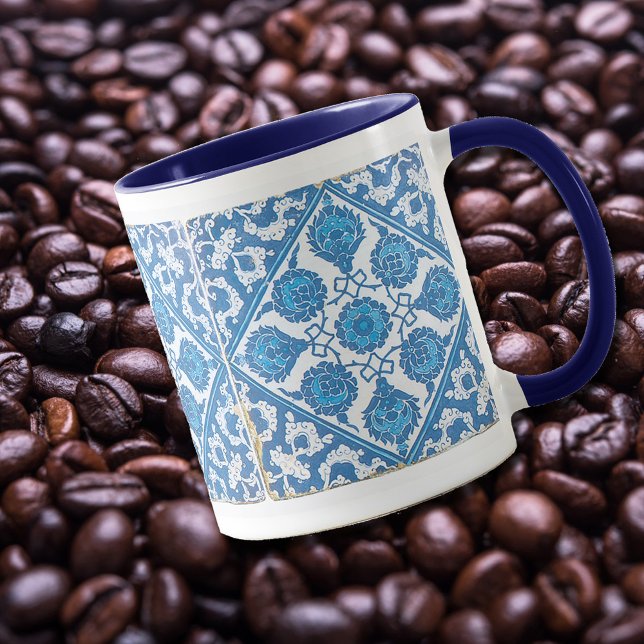 Blue and White Vintage Floral Faux Tile Coffee Mug (A coffee mug with a vintage blue and white floral pattern with cornflowers.)