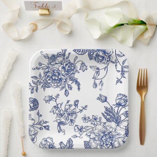 Blue and white vintage floral square paper plate