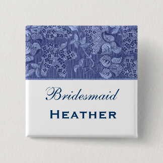 Blue and White Vintage Flowers Bridesmaid Pinback Button