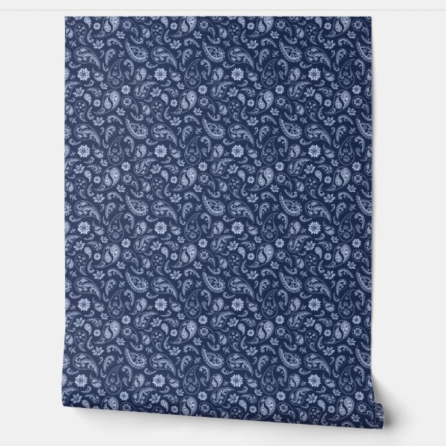 Blue and White Vintage Paisley Print Pattern Wallpaper (Unrolling)