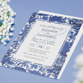 Blue and White Vintage Wedding Floral Chintz Invitation