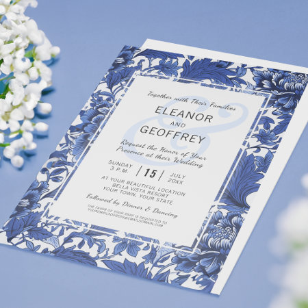 Blue And White Vintage Wedding Floral Chintz Invitation
