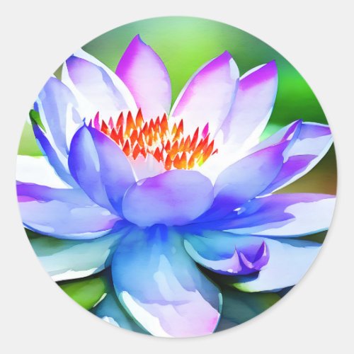 Blue and white water lily art classic round sticker