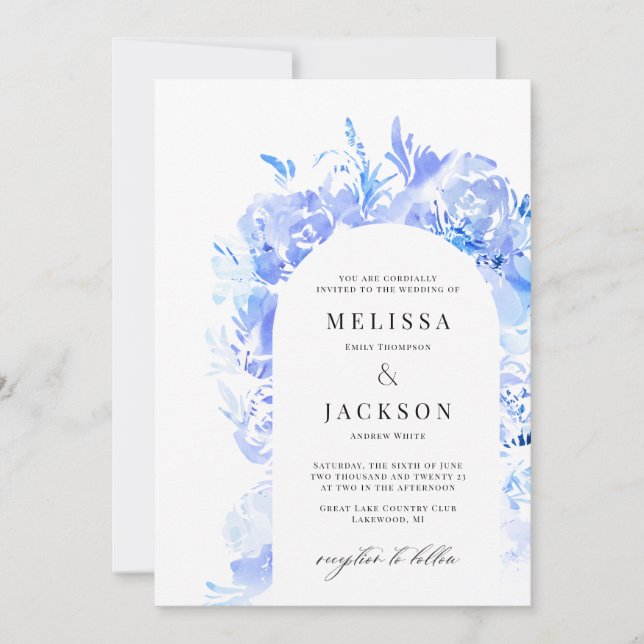 Blue and White Watercolor Abstract flower  Invitation (Front)