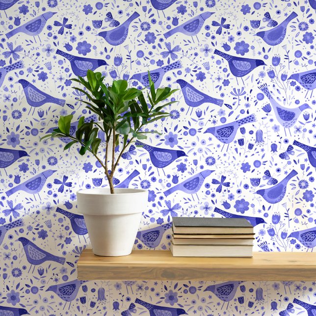 Blue and White Watercolor Birds and Flowers Wallpaper (Blue and white watercolor bird and wildflower art wallpaper)