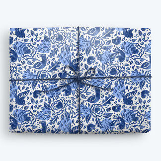 Blue and White Watercolor Birds, Nests and Hearts Wrapping Paper
