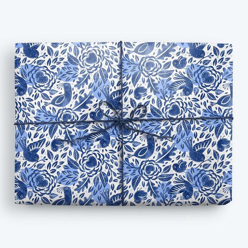 Blue and White Watercolor Birds Nests and Hearts Wrapping Paper