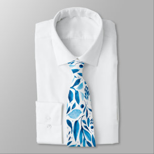 Blue and White Watercolor Botanicals Neck Tie