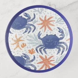 Blue and White Watercolor Crab and Starfish Trinket Tray