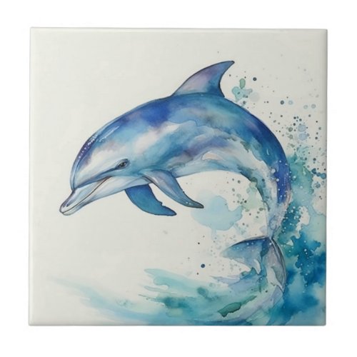 Blue and White Watercolor Dolphin Ceramic Tile