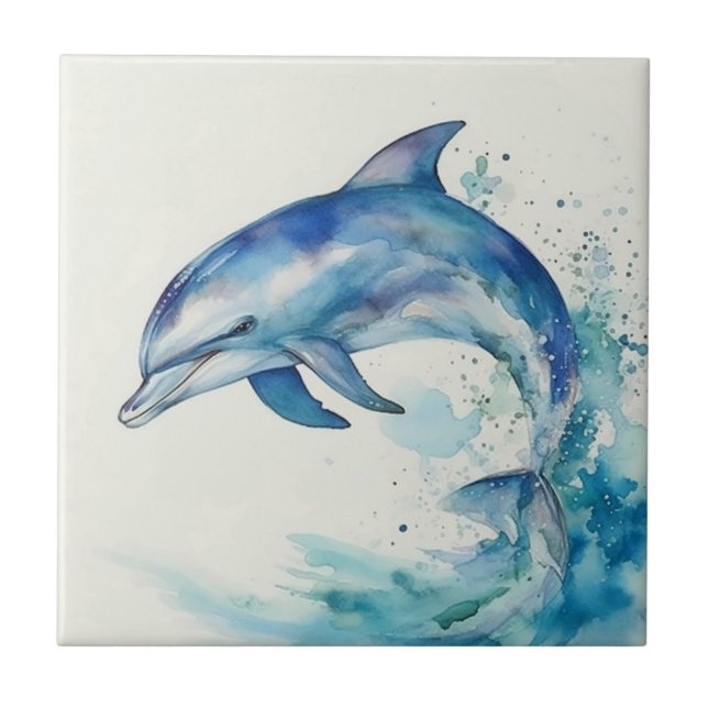 Blue and White Watercolor Dolphin Ceramic Tile (Front)