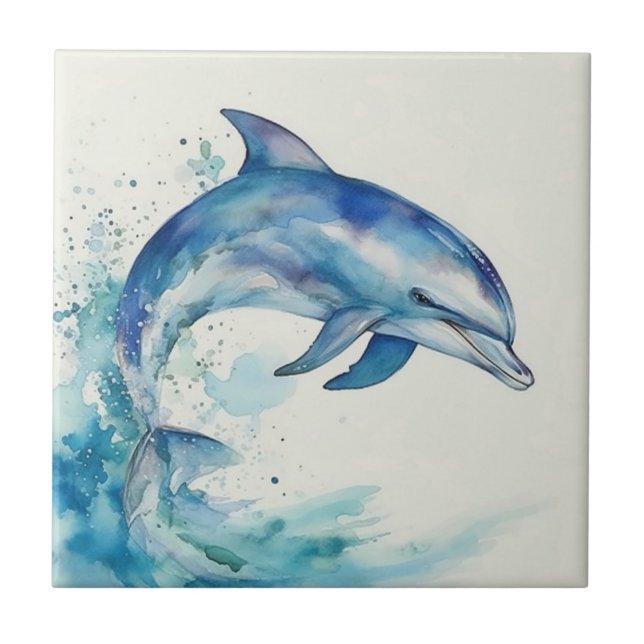 Blue and White Watercolor Dolphin Right  Ceramic Tile (Front)