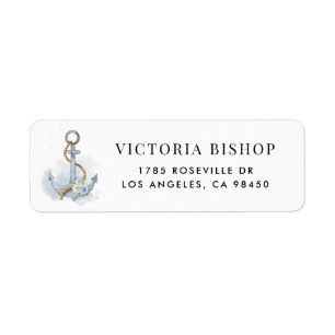Blue and White Watercolor Floral Anchor Nautical Label