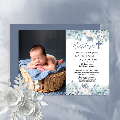 Blue and White Watercolor Floral Boy Photo Baptism Invitation